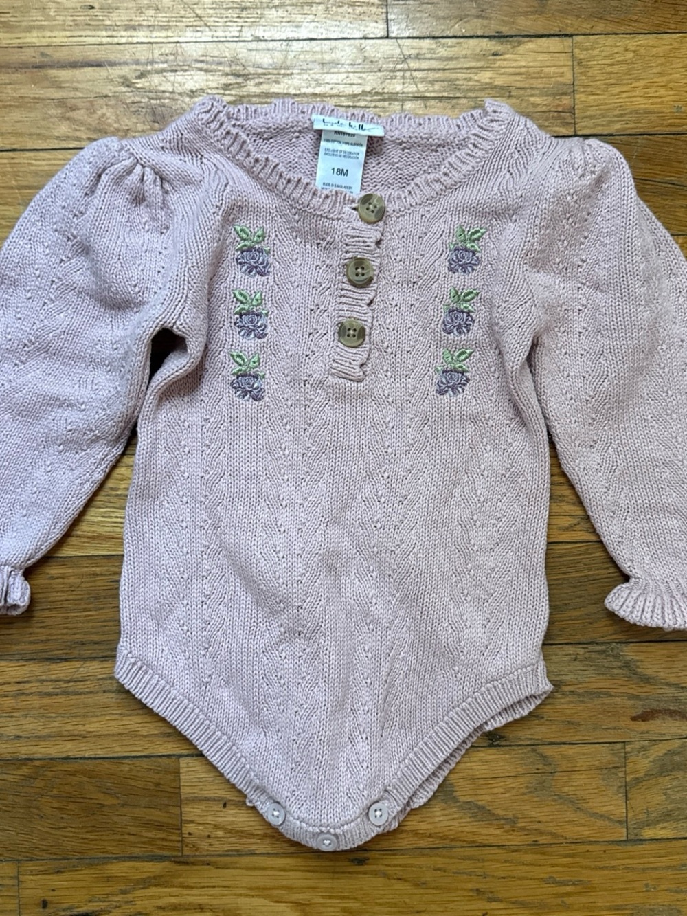 Nicole Miller Pink Knit Floral-Embroidered Long Sleeve Bodysuit